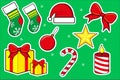 Vector set of stickers for Christmas and New Year (sock, star, Christmas toy, gifts, candy, candle, bow, santa hat Royalty Free Stock Photo